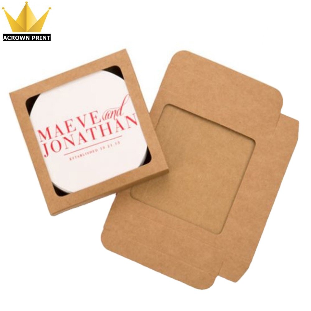 Wholesale Small size brown kraft paper square foldable packaging box with clear pvc window coasters packaging boxes custom logo