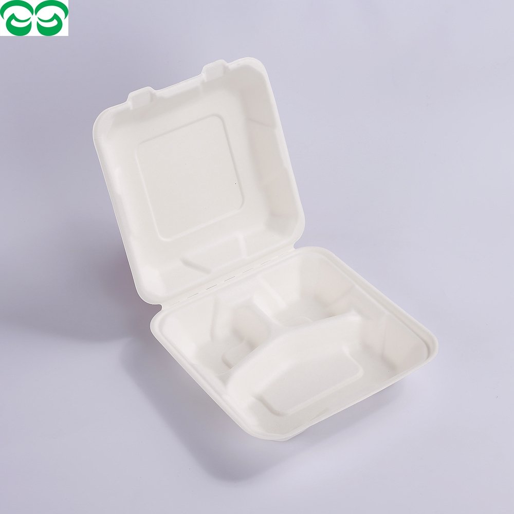 Best selling Bagasse Paper Food Containers 8inch 3 compartment Bagasse Food Bento Box