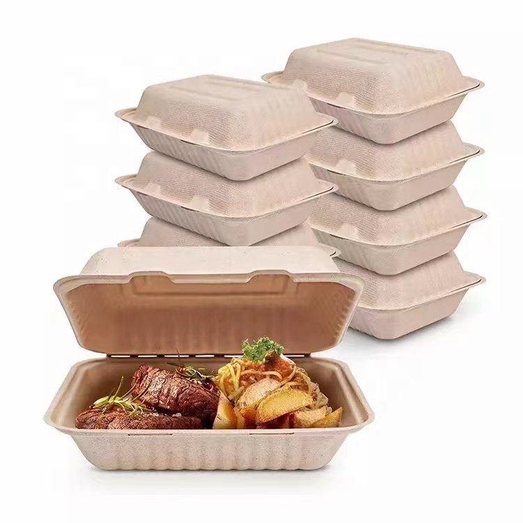 biodegradable clamshell food grade packaging paper disposable bagasse fast food box