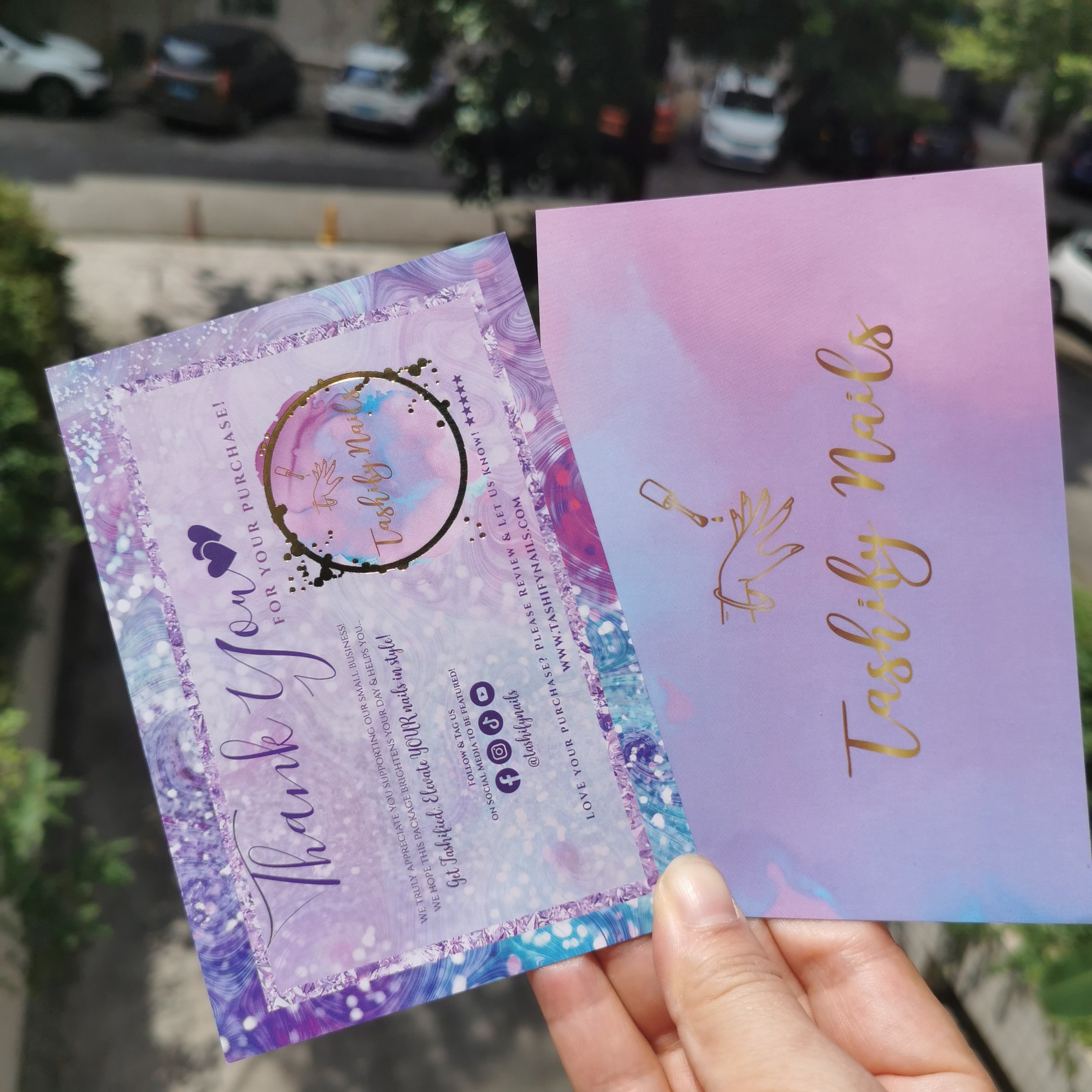 Wholesale Custom Printing Pink Thank You For Note Greeting Cards Order Business Shopping Gift Tag Cards gold foil hot stamping