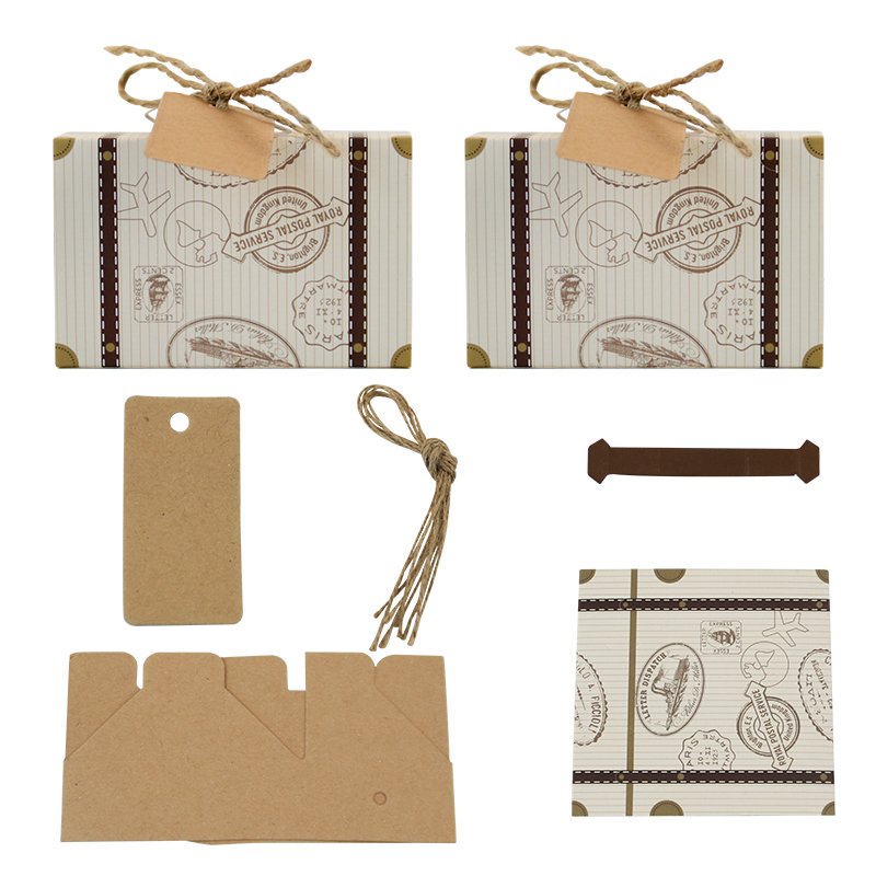 Hot sale gift packaging box mini vintage suitcase kraft wedding candy box with tag