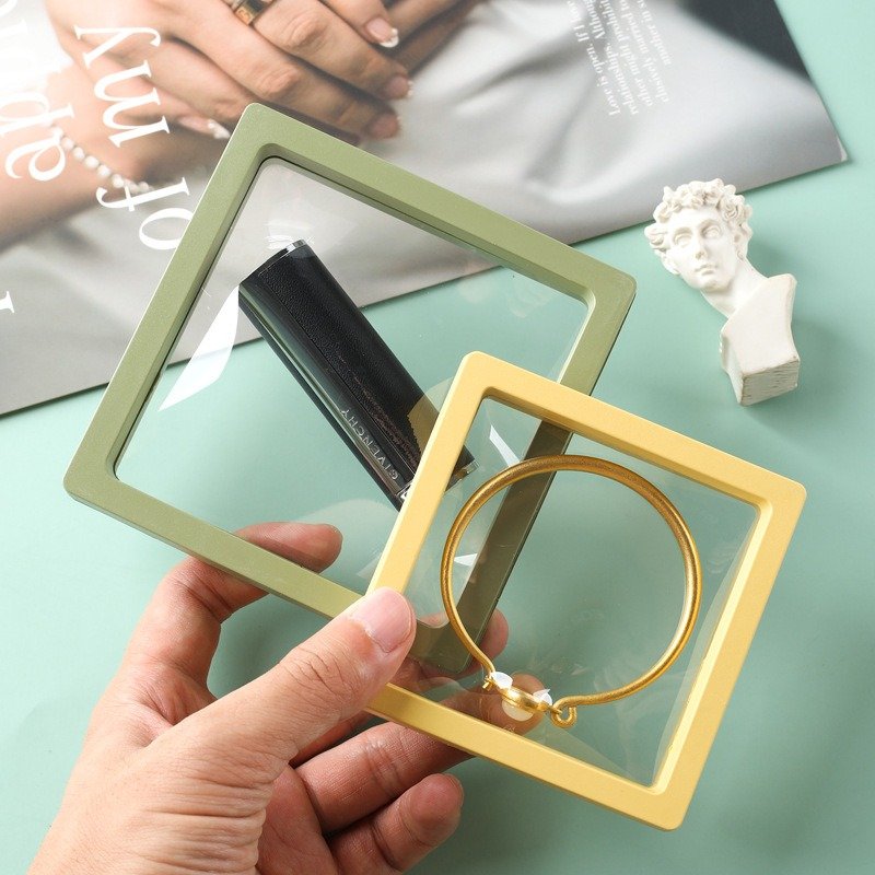 Clear PE Film Packaging Box Case Custom 3D Membrane Floating Frame Holder Stand Necklace Floating Jewelry Display Box