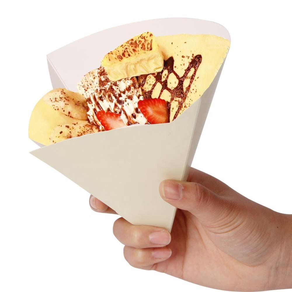 Fast food use packaging custom logo desgin cardboard greaseproof kraft paper crepe cone for takeaways