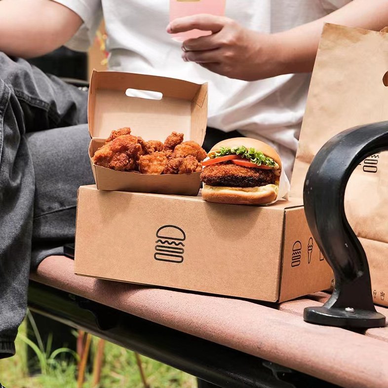 Customized Clam Clamshell Disposable Food Packaging Kraft Paper Foodgrade Fast Food Burger Fry Chicken Hotdog Box