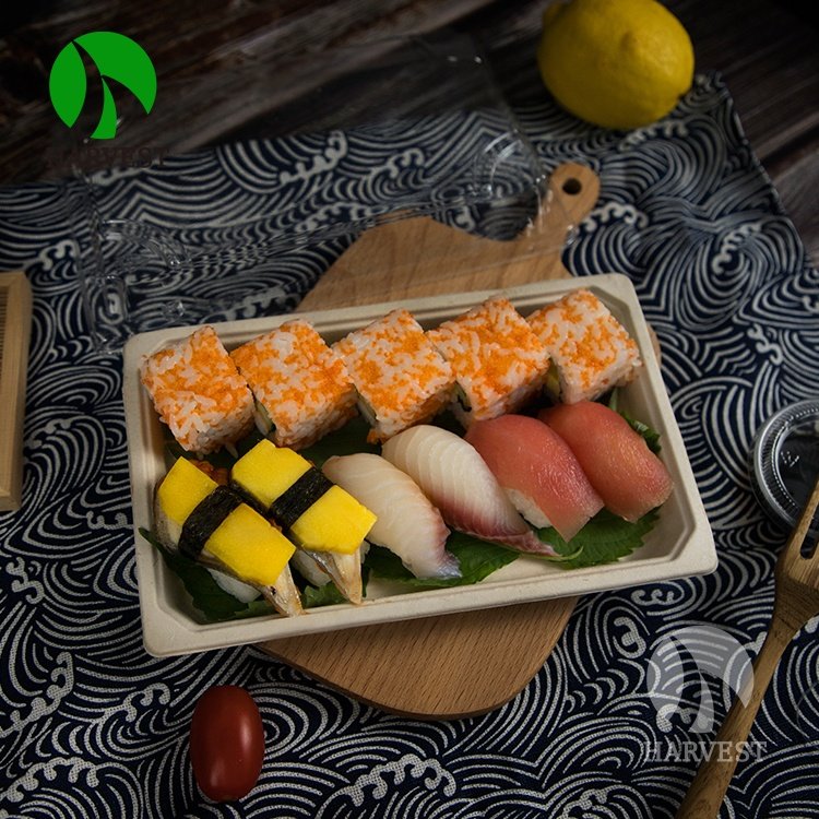 Japanese Sushi Pack Food Grade Paper Pulp Box For Food With Clear Lid