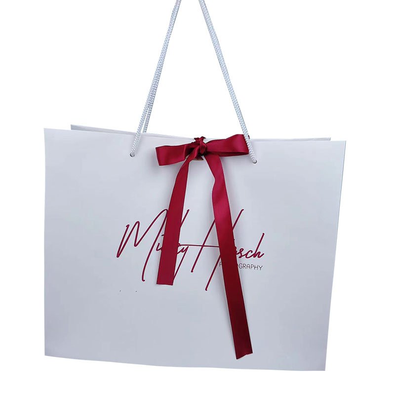 Luxury Free Sample Customized Logo Design CMYK Printing Gift Packaging Art Paper Bag With Red Bowknot