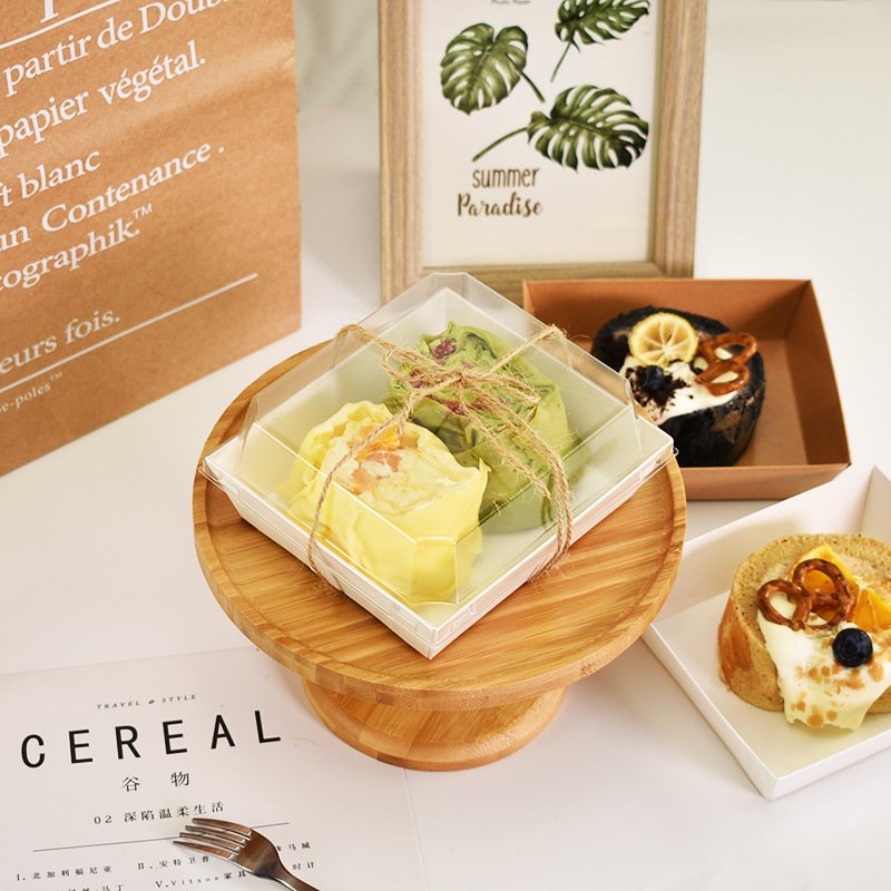 Eco Friendly Poplar Wooden Bottom Clear Lid Packaging Bakery Cake Sushi Lunch Box