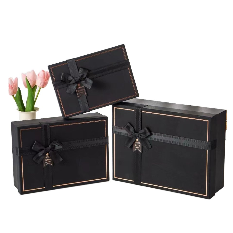 Three size gift box set with bow ribbon black square gold foil gift box business gift packaging paper box