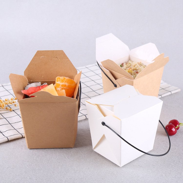 Disposable Happy Eastre Printed Logo Bottom Lock Portable Double Wall Kraft Paper Lunch Box With Handle