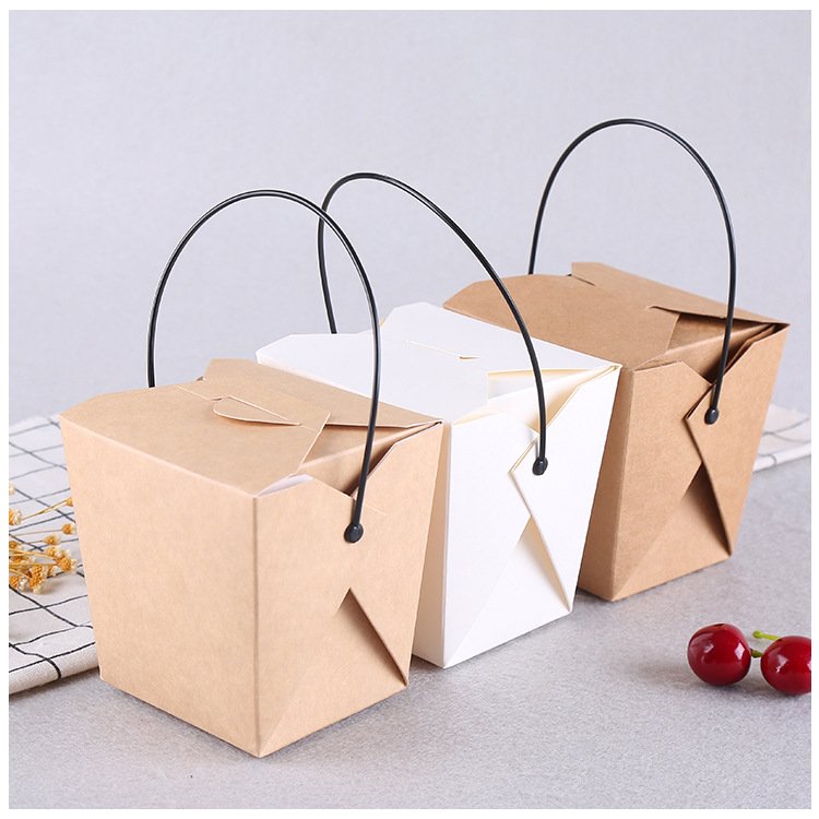 Disposable Happy Eastre Printed Logo Bottom Lock Portable Double Wall Kraft Paper Lunch Box With Handle