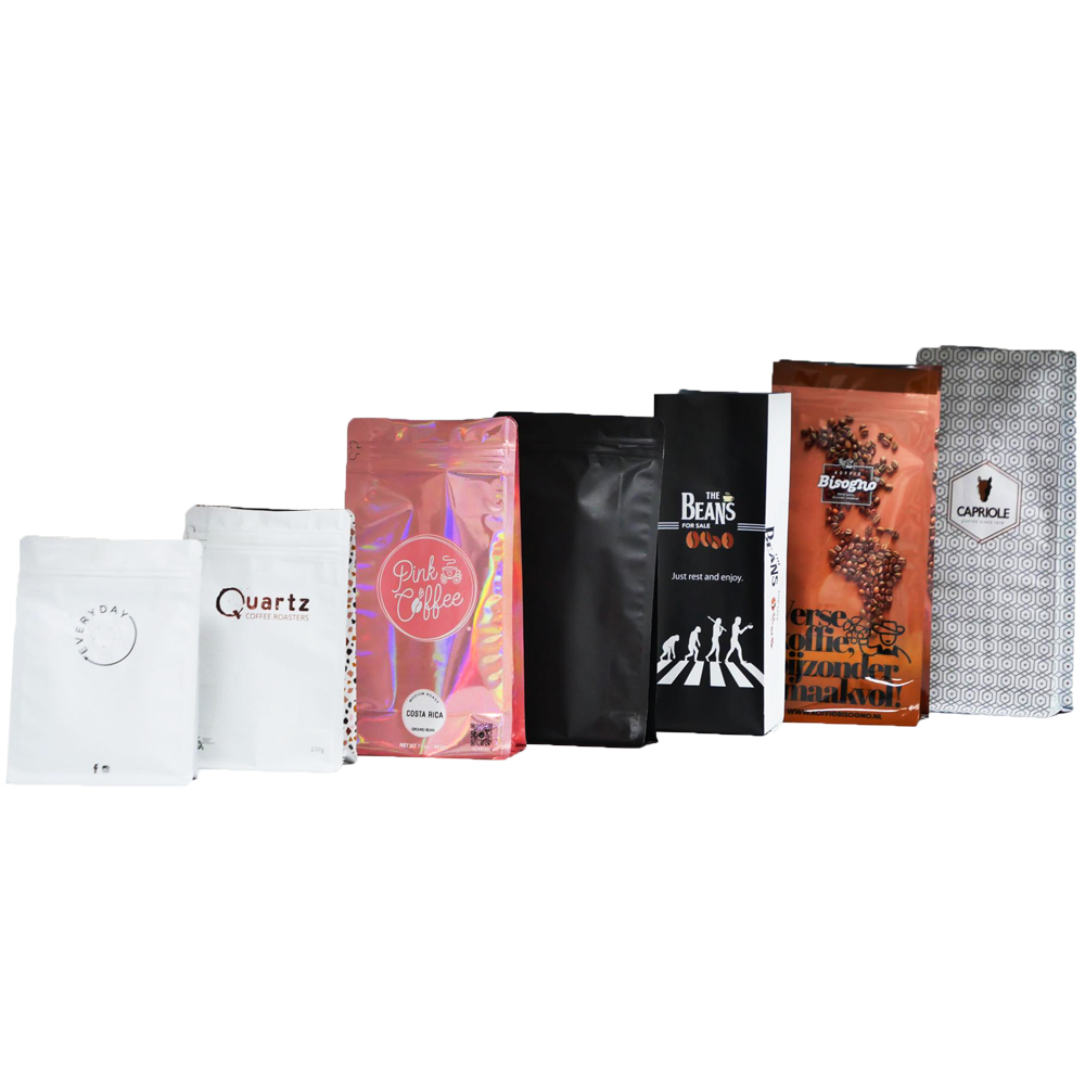 Kaffee Cafe Beans Packing Flat Bottom Pouch Custom Printed Manufacturer Packaging Zipper Valve Coffee Bag