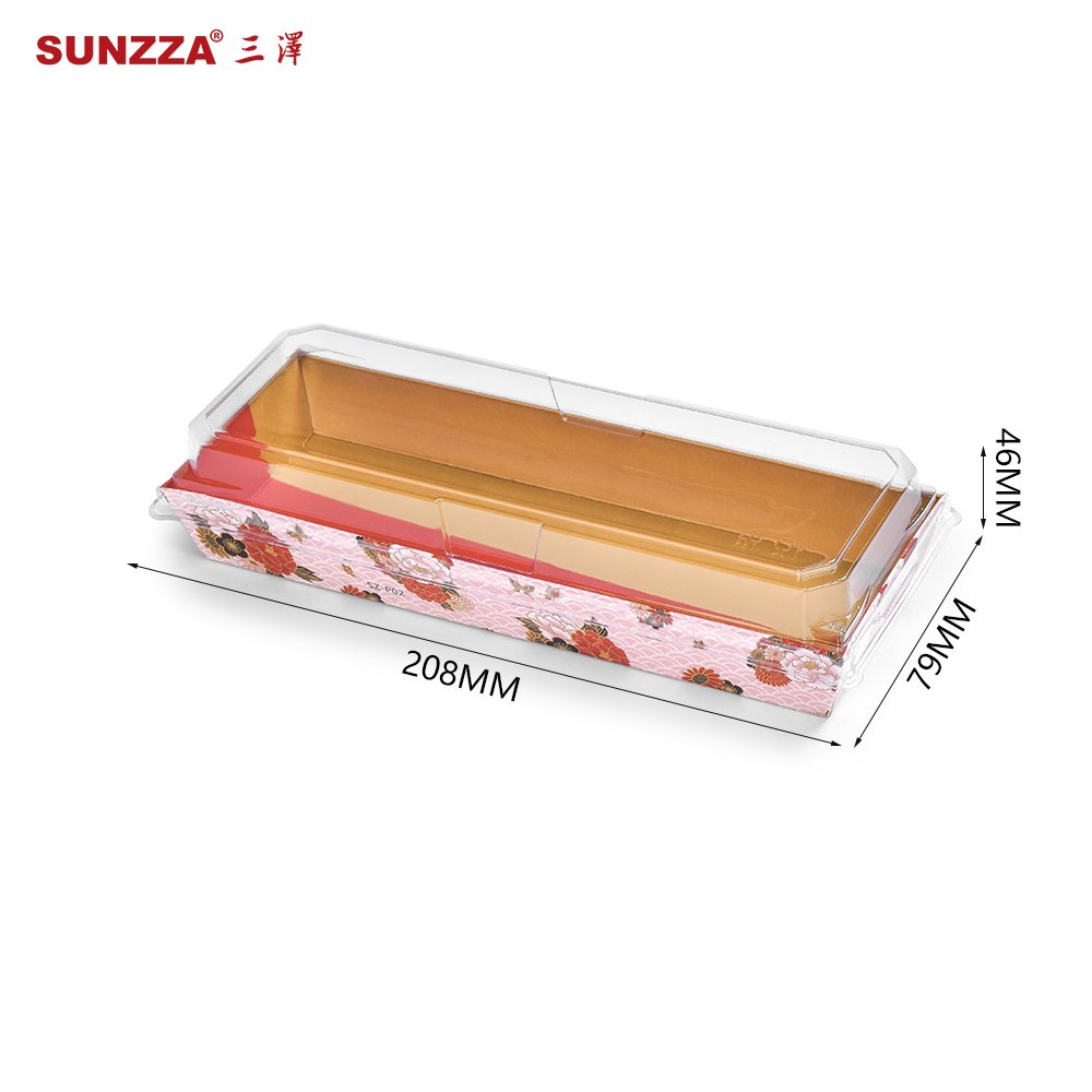 Sunzza customized pattern rectangular sushi disposable package box antifog lid dessert cake packaging container with PE coating