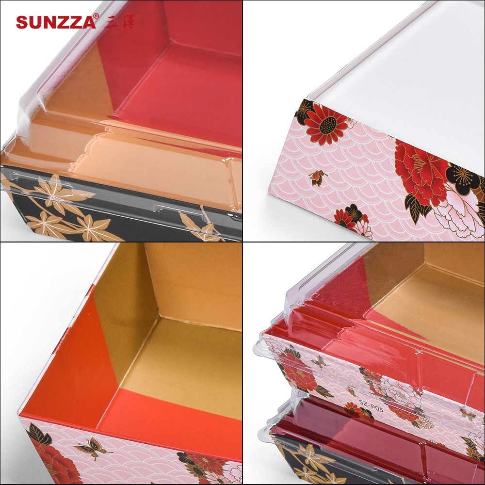 Sunzza customized pattern rectangular sushi disposable package box antifog lid dessert cake packaging container with PE coating