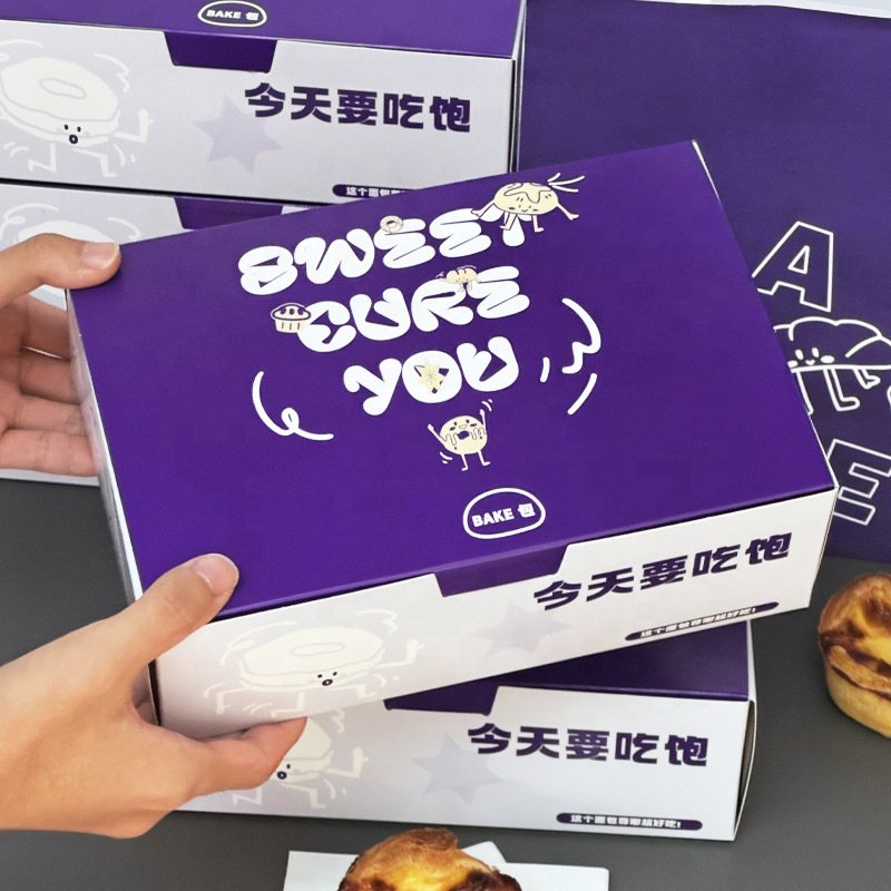 Custom Size Logo Printed Folding Flat Cardboard Luxury Pastry Bread Cake Macaron Sandwich Salad Bakery Donut Packaging Paper Box