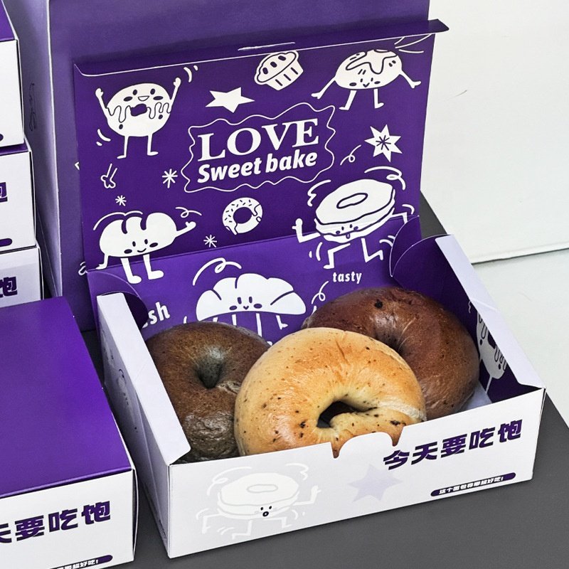 Custom Size Logo Printed Folding Flat Cardboard Luxury Pastry Bread Cake Macaron Sandwich Salad Bakery Donut Packaging Paper Box