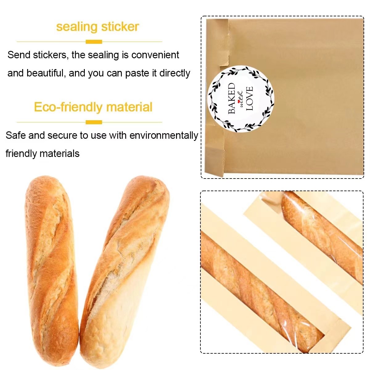 Kraft Greaseproof Paper Bakery Bag Donuts Bags for Packaging Homemade Goodies Croissant Sourdough Bread Bag with Clear Window