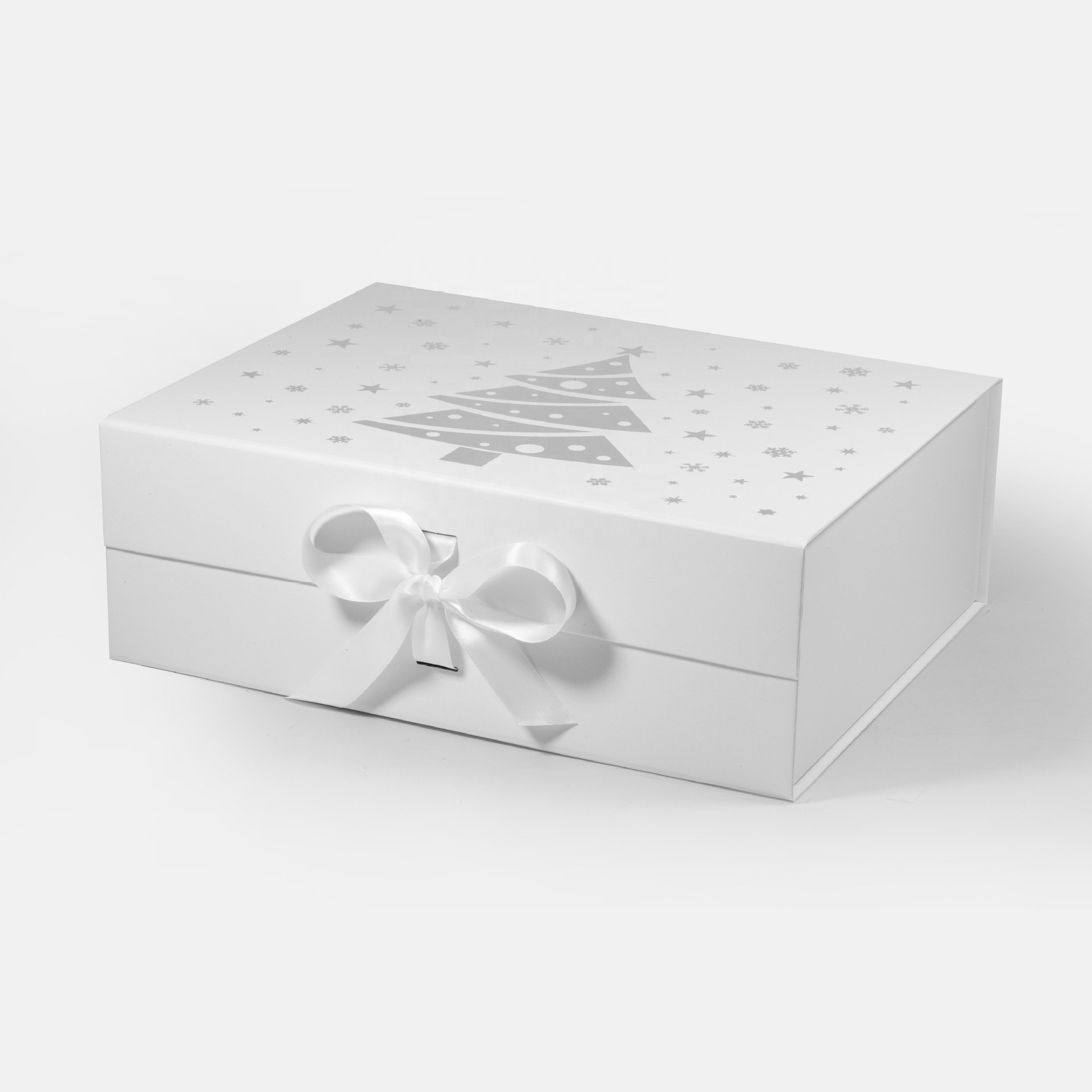 Luxury Magnetic Gift Box Custom Cardboard Paper Book Shaped Box Beauty Gifts Packaging with Ribbon Closure Logo Silver Stamping