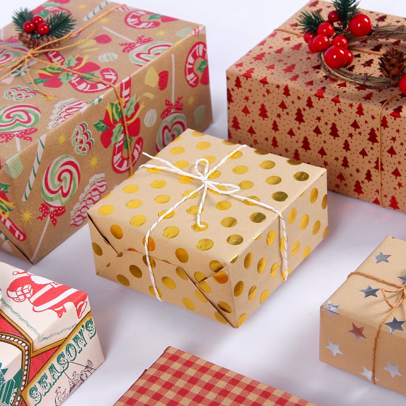 Custom Printed Kraft Paper Christmas Gift Wrapping Paper Roll For Packaging