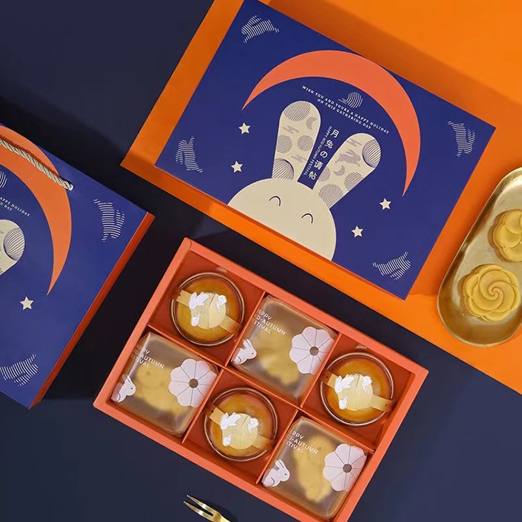 new design printed logo mooncake box luxury foldable moon cake packaging paper gift box with handle