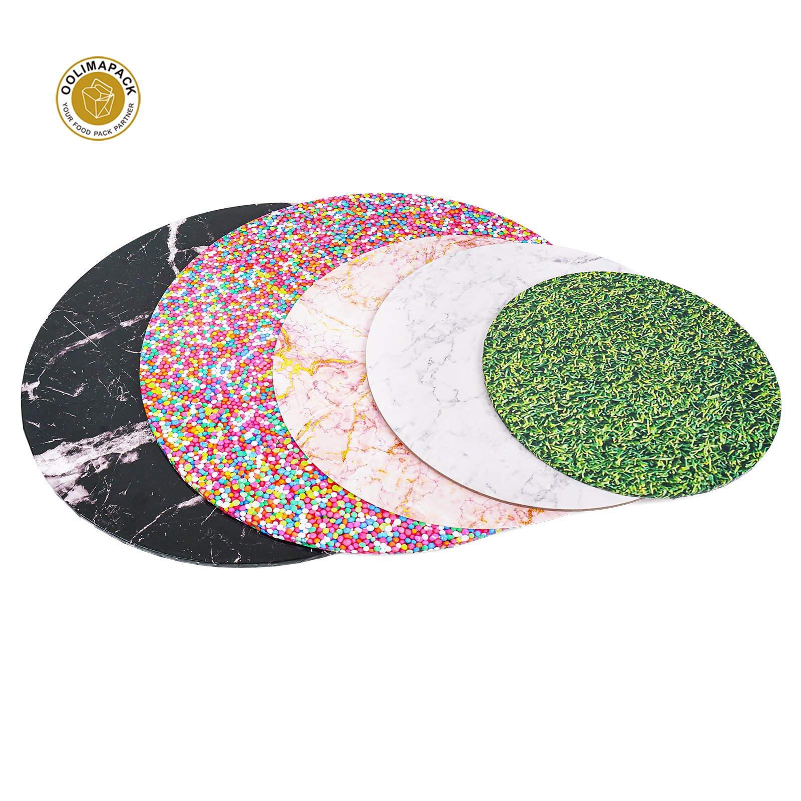 OOLIMA PACK Custom Printed Logo Grass Sprinkle Marble Cake Base Board Tray White Hard MDF Cake Drum Boards