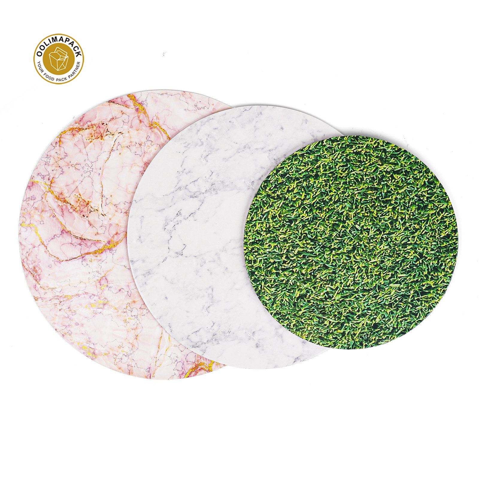 OOLIMA PACK Custom Printed Logo Grass Sprinkle Marble Cake Base Board Tray White Hard MDF Cake Drum Boards
