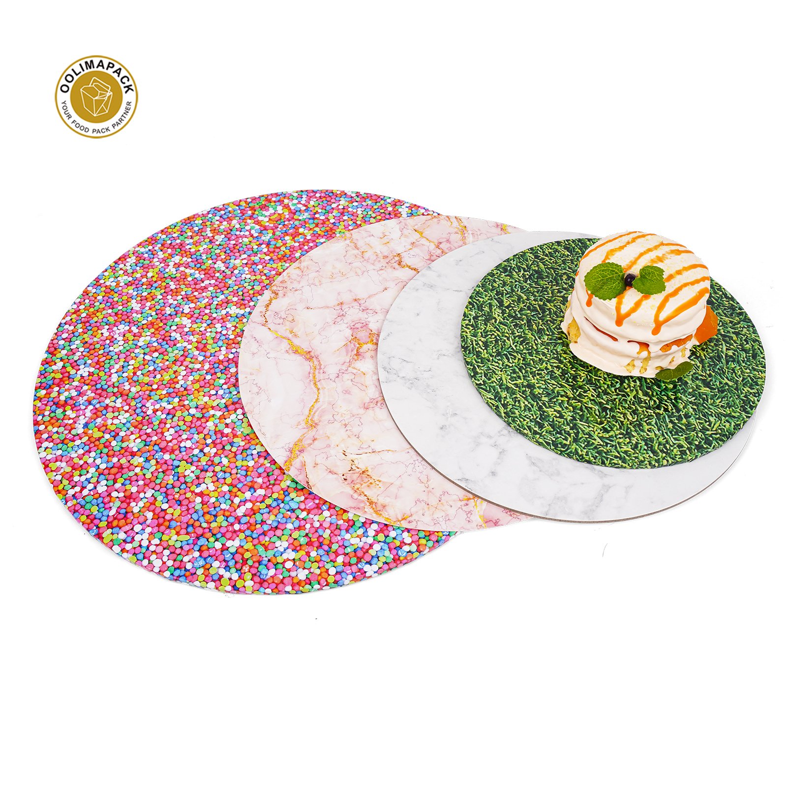 OOLIMA PACK Custom Printed Logo Grass Sprinkle Marble Cake Base Board Tray White Hard MDF Cake Drum Boards