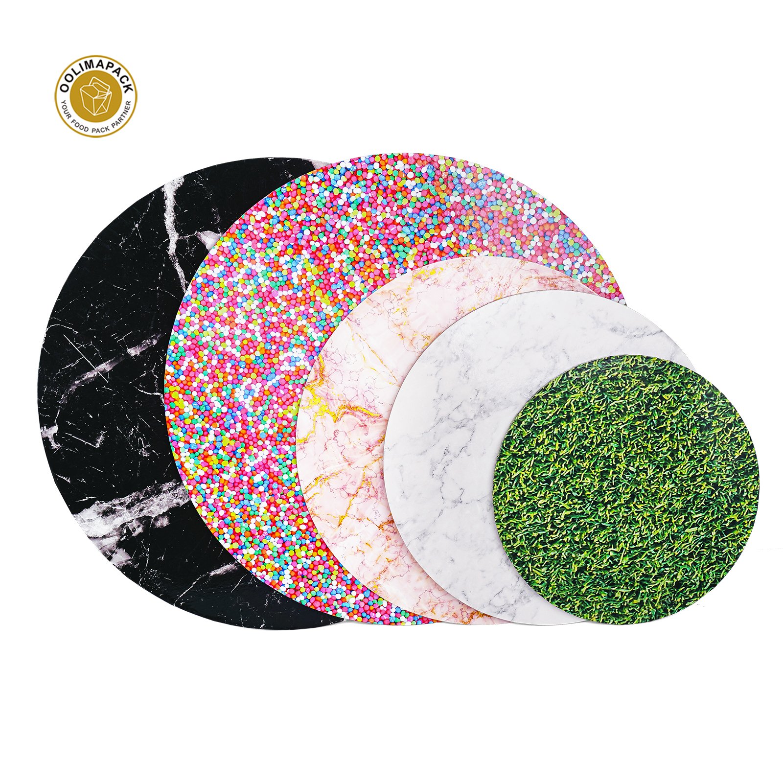 OOLIMA PACK Custom Printed Logo Grass Sprinkle Marble Cake Base Board Tray White Hard MDF Cake Drum Boards