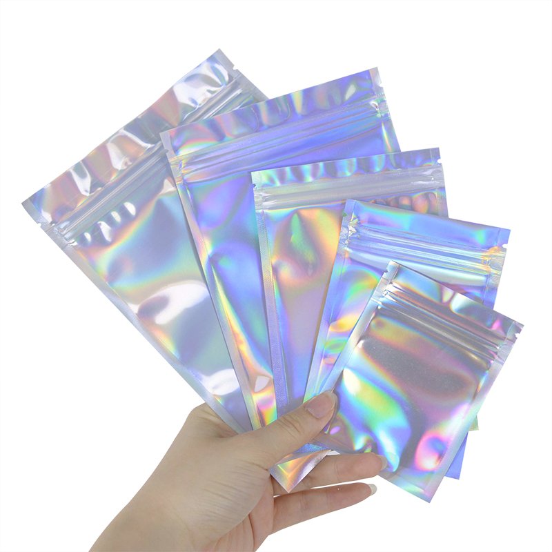 Custom Logo Rainbow Colors Smell Proof Ziplock Hologram Plastic Aluminum Foil Packaging Laser Zipper Mylar Clear Holographic Bag