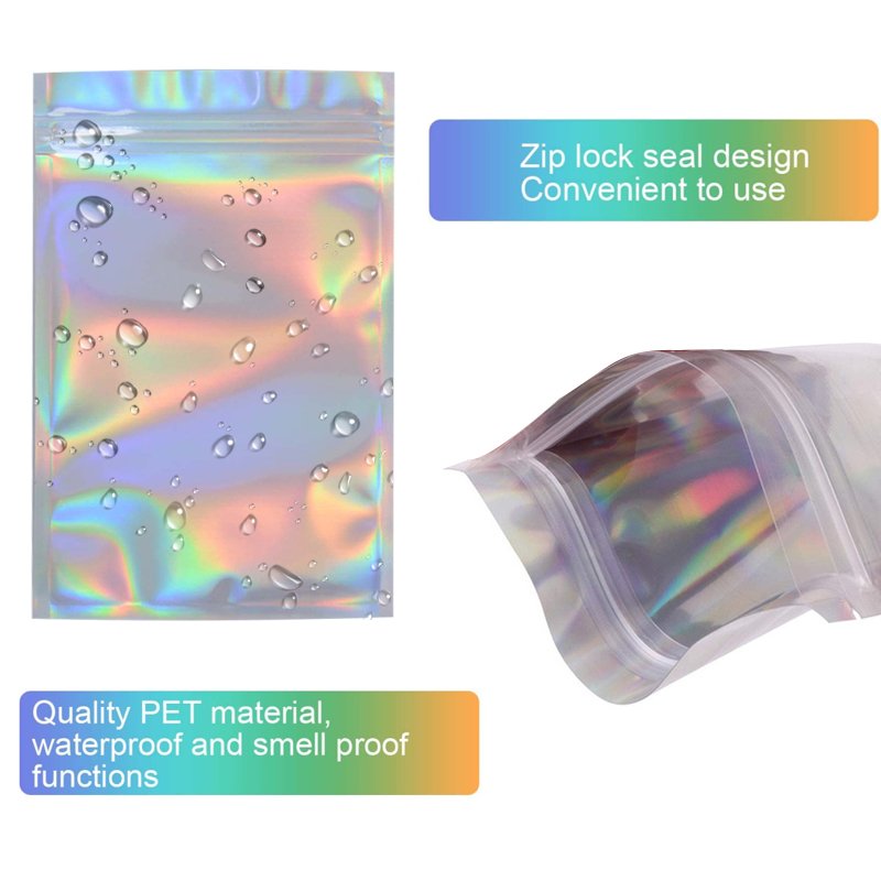 Custom Logo Rainbow Colors Smell Proof Ziplock Hologram Plastic Aluminum Foil Packaging Laser Zipper Mylar Clear Holographic Bag