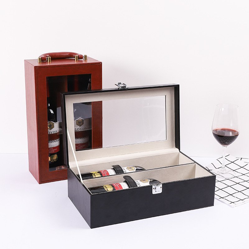 Luxury wholesale custom PU leather fashion wine box storage box wine gift packaging portable wine wooden box