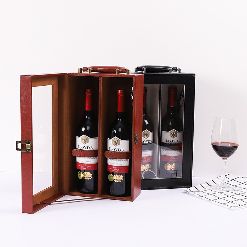 Luxury wholesale custom PU leather fashion wine box storage box wine gift packaging portable wine wooden box