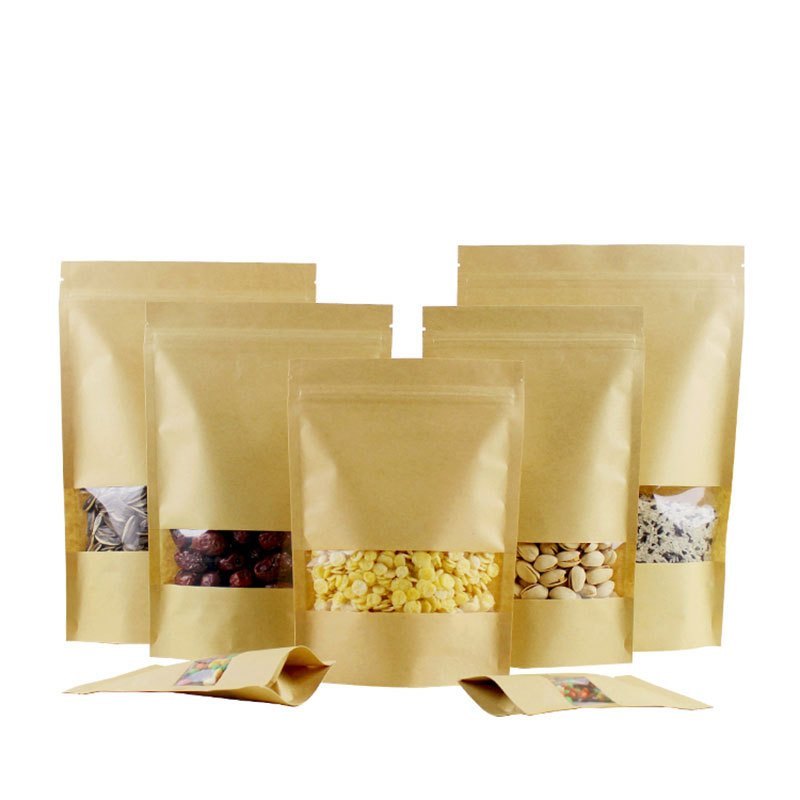 Factory Price Food Packaging Bag With Clear Window Kraft Paper Stand Up Pouch Bag For Nuts Powder Snack Packaging With Zipper