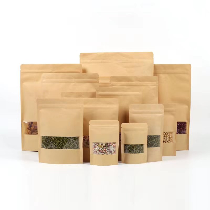 Factory Price Food Packaging Bag With Clear Window Kraft Paper Stand Up Pouch Bag For Nuts Powder Snack Packaging With Zipper