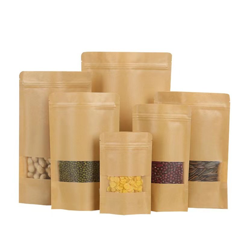 Factory Price Food Packaging Bag With Clear Window Kraft Paper Stand Up Pouch Bag For Nuts Powder Snack Packaging With Zipper