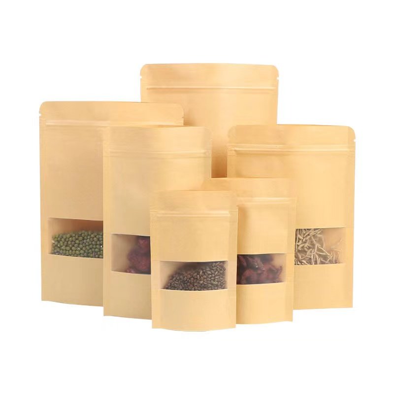 Factory Price Food Packaging Bag With Clear Window Kraft Paper Stand Up Pouch Bag For Nuts Powder Snack Packaging With Zipper