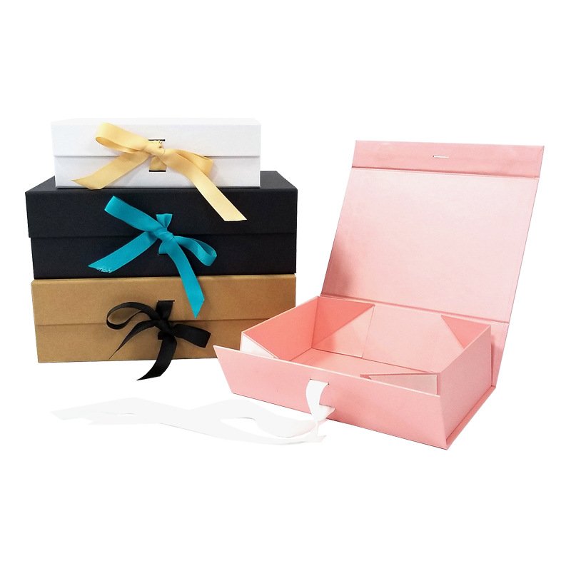 Factory custom Logo luxury ladies flat folding ribbon magnet fancy pink box for gift