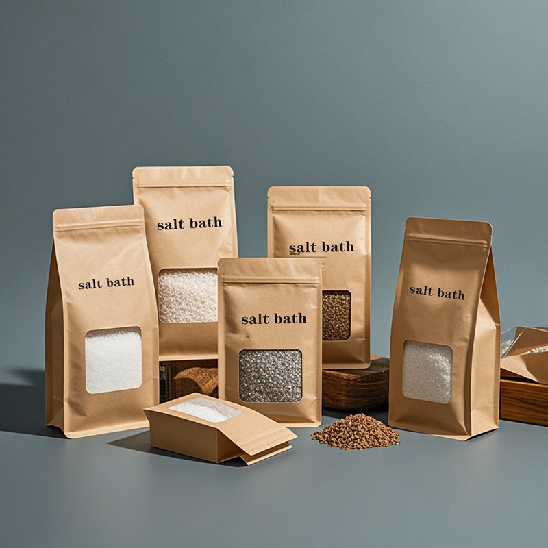 Custom Recyclable Printed Logo Zip Lock Seal Kraft Paper Stand Up Pouch Skin Salt Baths Packaging Bags With Window