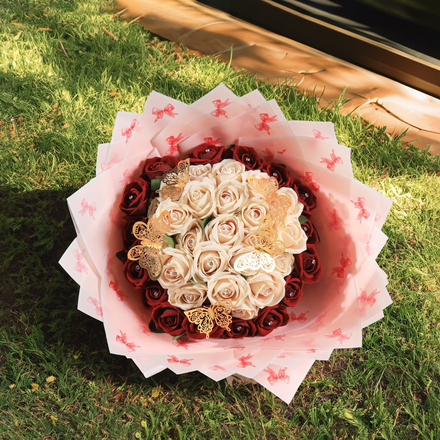 2024 New Arrival 58*58cm/pcs Bowknot Bowtie Design Printed Flower Wrapping Paper Plastic Waterproof Flower Packaging Paper