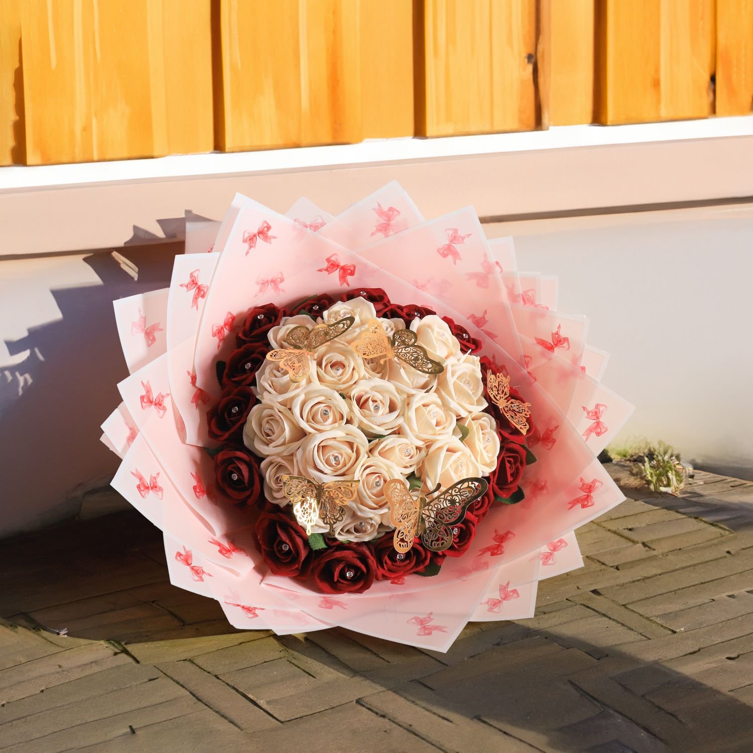 2024 New Arrival 58*58cm/pcs Bowknot Bowtie Design Printed Flower Wrapping Paper Plastic Waterproof Flower Packaging Paper