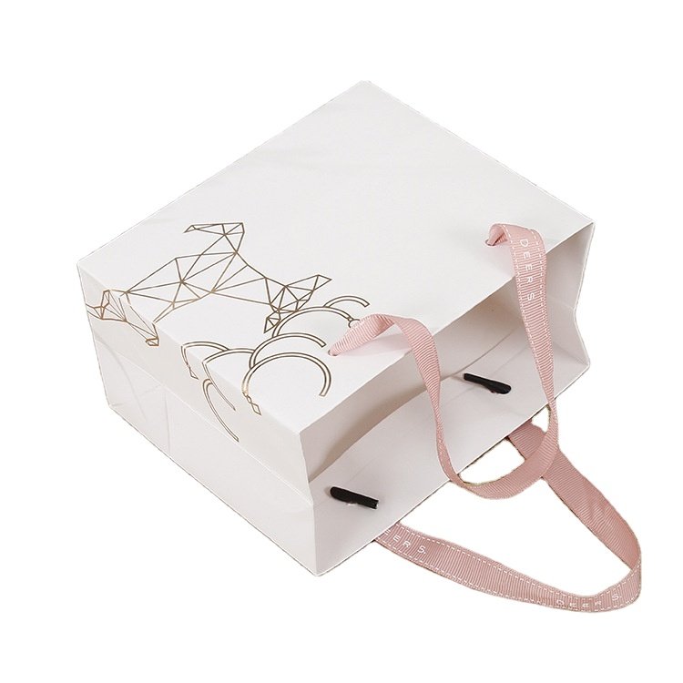 Wholesale Custom Printed Brand Logo Luxury Gift Pink White Black Shopping Packaging Paper Bag With Handles