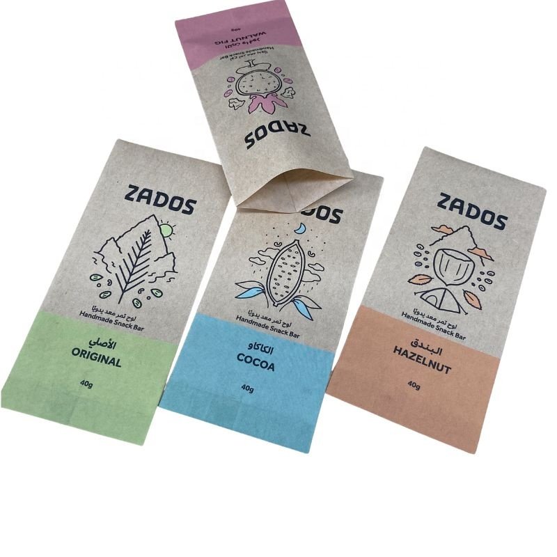 Brown Kraft Paper PLA Compostable Pouches Snack Bar Packaging Custom Full Colors Printed Biodegradable Sachet