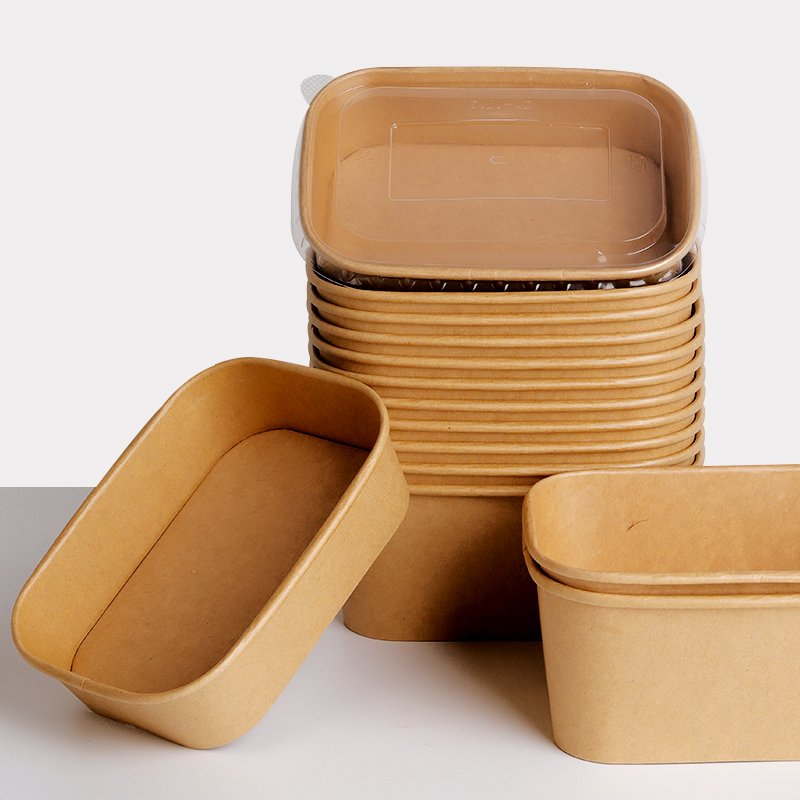 Disposable Rectangle Shape Salad Bowl Cake Plate Gold Foil Embossed Matt Laminated Made Pulp Bagasse Paper Cardboard Food