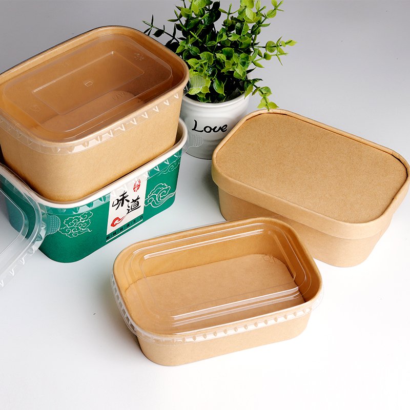 Disposable Rectangle Shape Salad Bowl Cake Plate Gold Foil Embossed Matt Laminated Made Pulp Bagasse Paper Cardboard Food