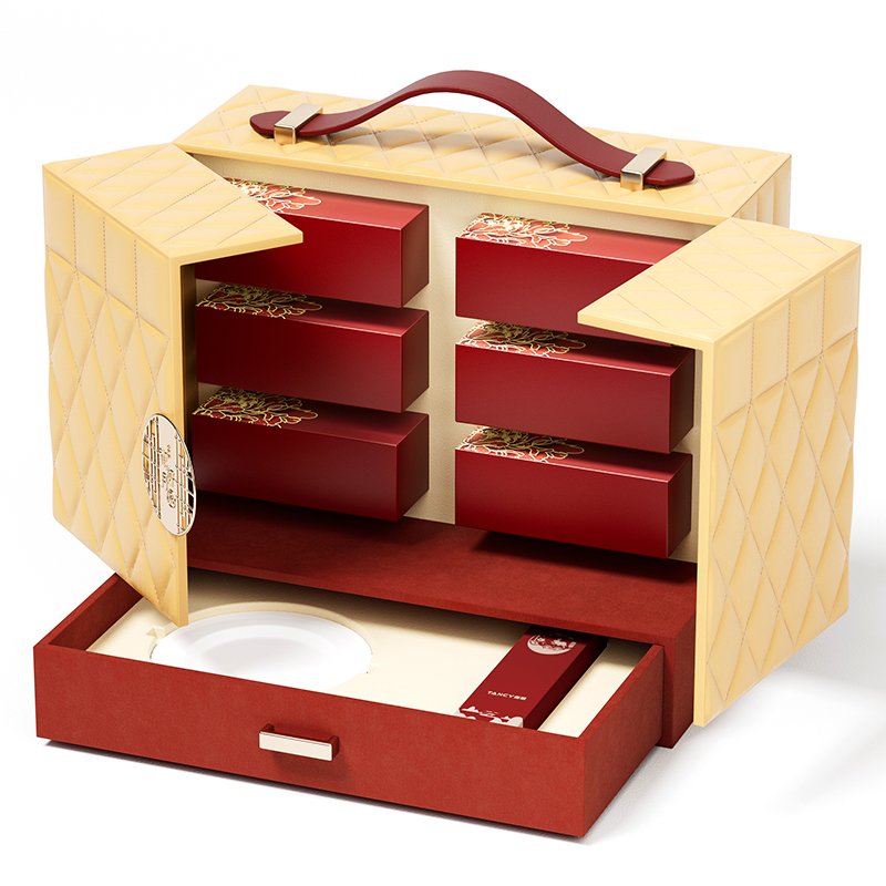 2024 new style luxury leather mooncake box with handle custom leather box Double door design mooncake box