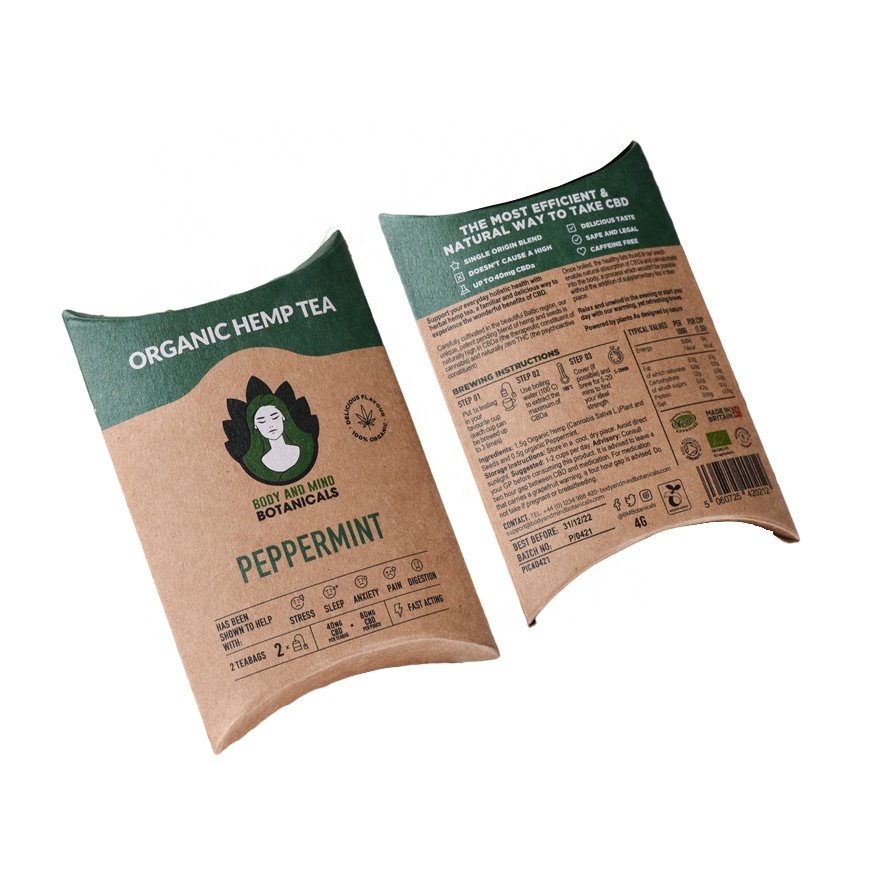 Custom Logo Unique Design Pillow Shape Small Brown Craft Kraft Paper Pillow Box For Tea Samples Packaging