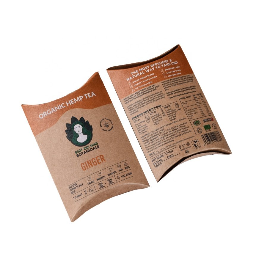 Custom Logo Unique Design Pillow Shape Small Brown Craft Kraft Paper Pillow Box For Tea Samples Packaging