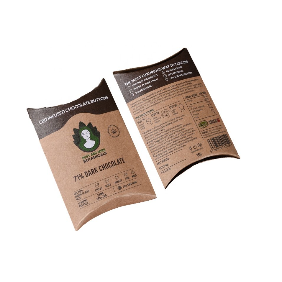 Custom Logo Unique Design Pillow Shape Small Brown Craft Kraft Paper Pillow Box For Tea Samples Packaging