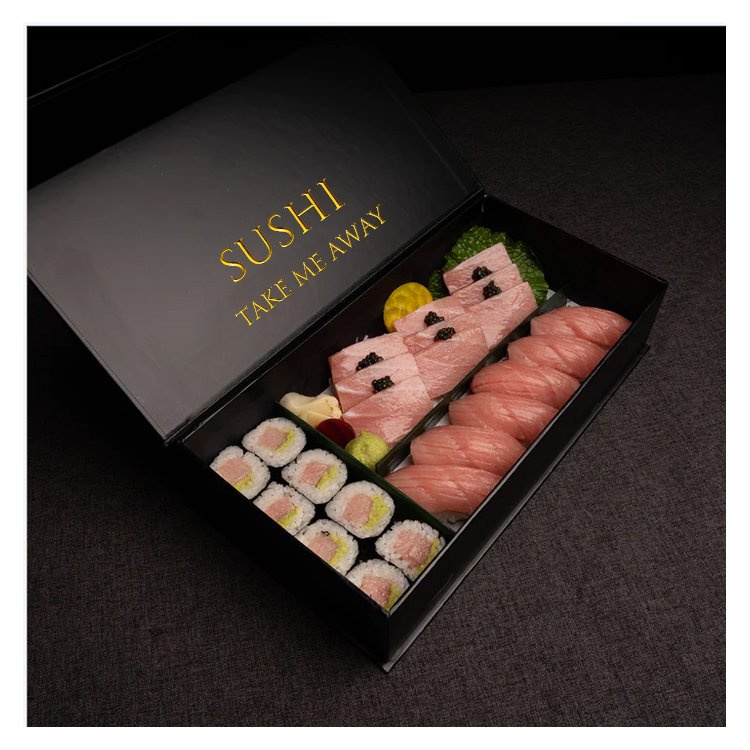 Custom Printed Black Magnetic Closure Sushi Box Packaging Luxury Disposable Sushi Takeout Box Eco Friendly Kraft Food Container