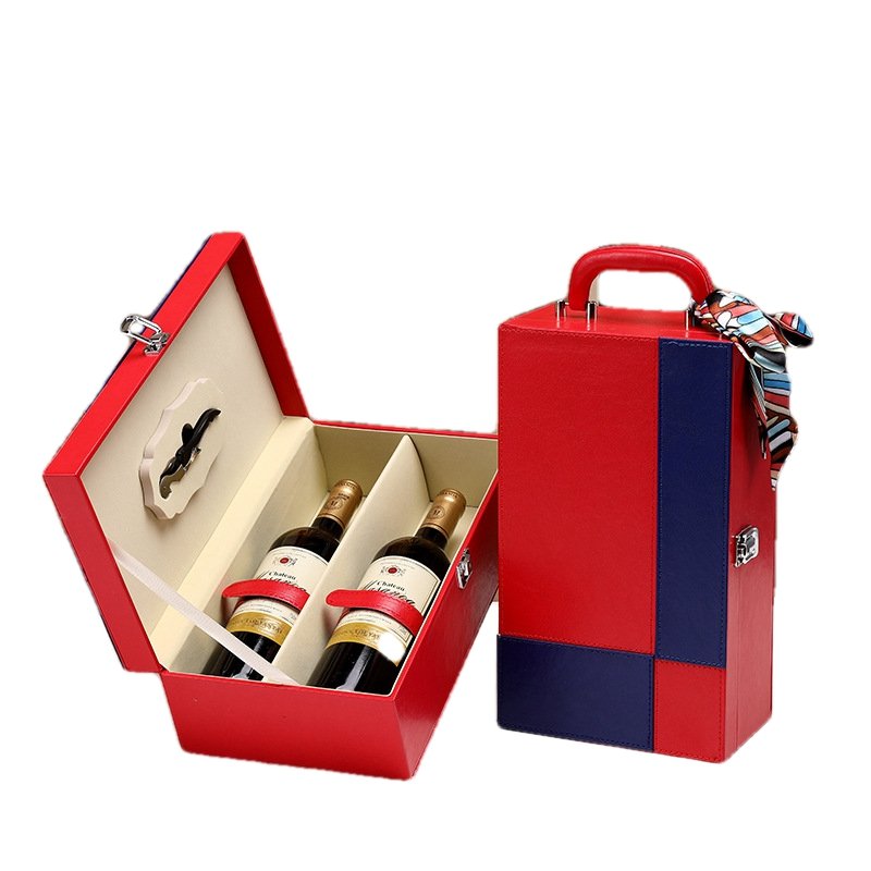 Customized Leather Red Wine Packaging Gift Box Double Red Wine Rock Solid handmade Skin Box With Wine Utensils