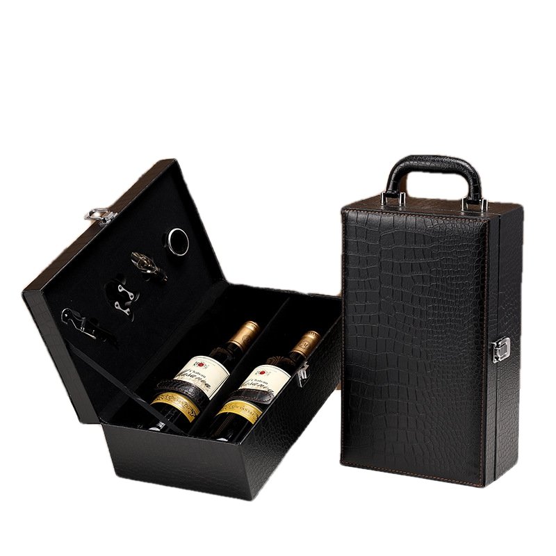 Customized Leather Red Wine Packaging Gift Box Double Red Wine Rock Solid handmade Skin Box With Wine Utensils